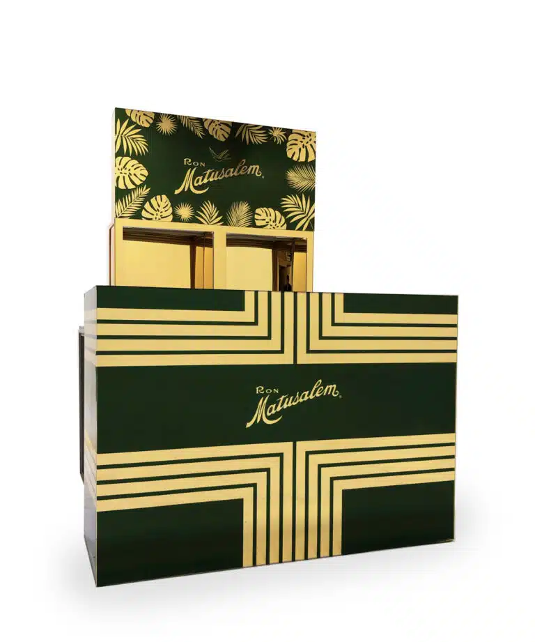 Custom branded bar featuring Ron Matusalem logo and tropical design, designed for events and brand activations.
