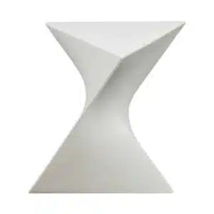 White modern accent table with a unique hourglass shape, suitable for event rentals and decor.