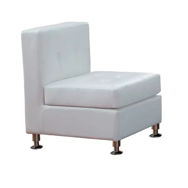 White modular chair with a sleek design, featuring a tufted seat and chrome legs, suitable for event rentals.