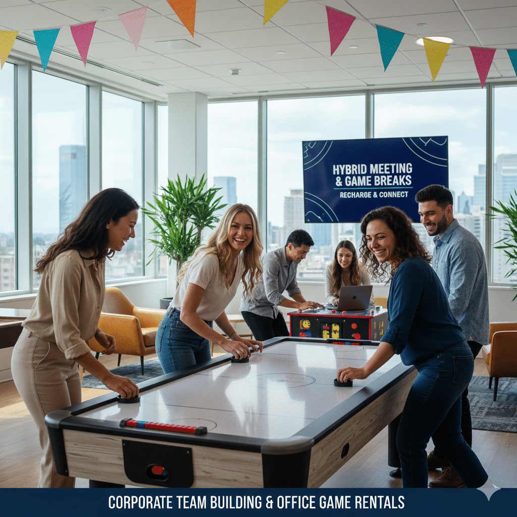 Employees playing air hockey game rental during happy hour