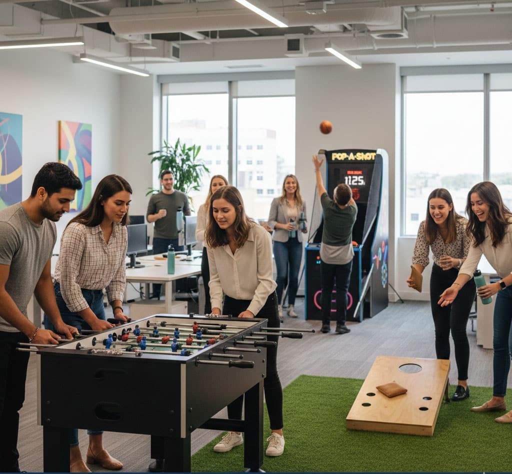 Employees playing game rentals during an office party