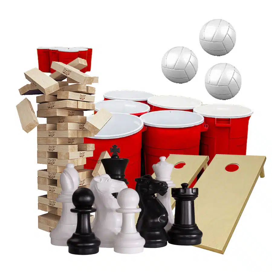 Yard Game Rentals 3 Giant yard game rentals including oversized Jenga, red solo cups, cornhole boards, and volleyballs for outdoor events.