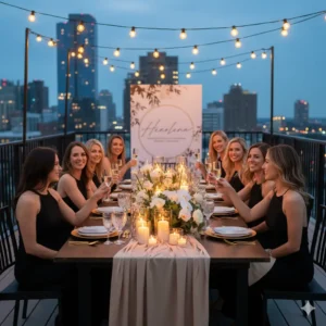 Elegant outdoor dining setup for a private event featuring a long table adorned with flowers and candles, surrounded by women in black dresses, with city skyline and string lights in the background.