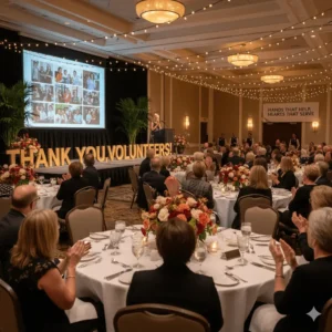 Event attendees applauding at a formal gathering, featuring a "Thank You Volunteers!" display and a presentation screen, emphasizing community appreciation and engagement in event services.