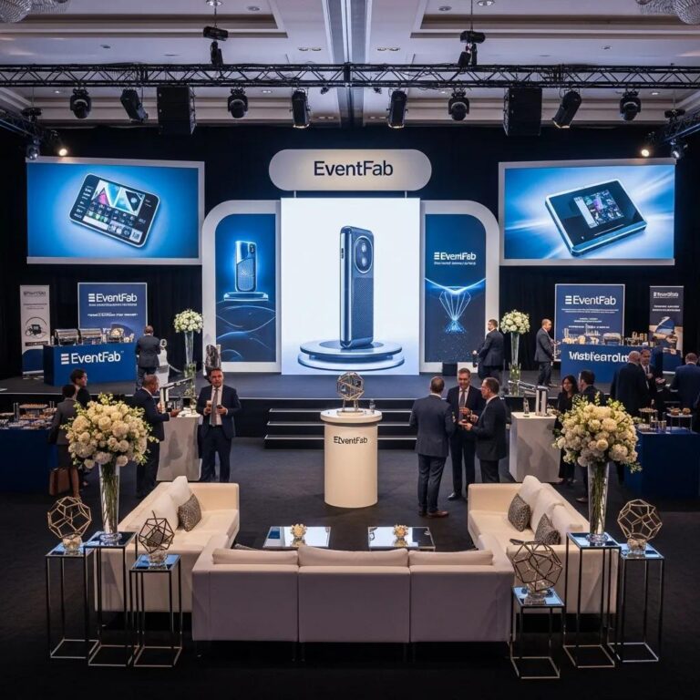 Sophisticated corporate event design showcasing a product launch with elegant branding