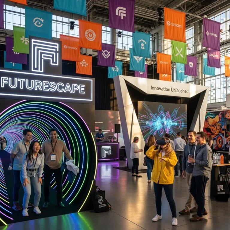 Vibrant brand activation event with diverse participants engaging with immersive installations